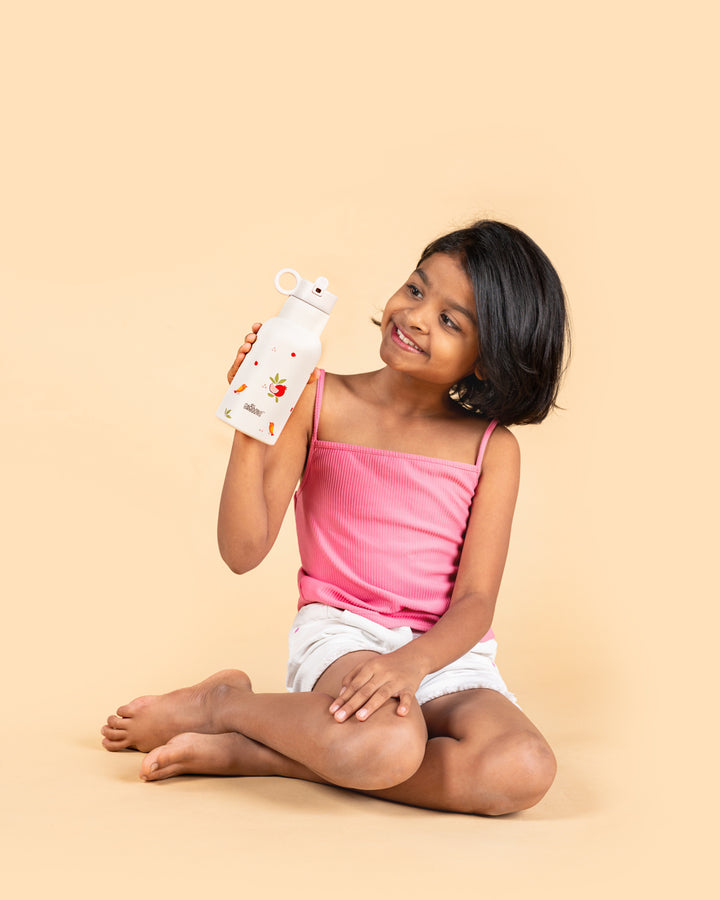 350ml Stainless Steel Insulated Water Bottle with Pomegranate Design for Kids in India Happy Girl holding