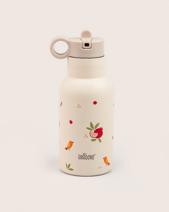 350ml Stainless Steel Double-Walled Insulated Water Bottle with Pomegranate Design and Sipper Straw Lid for Kids in India