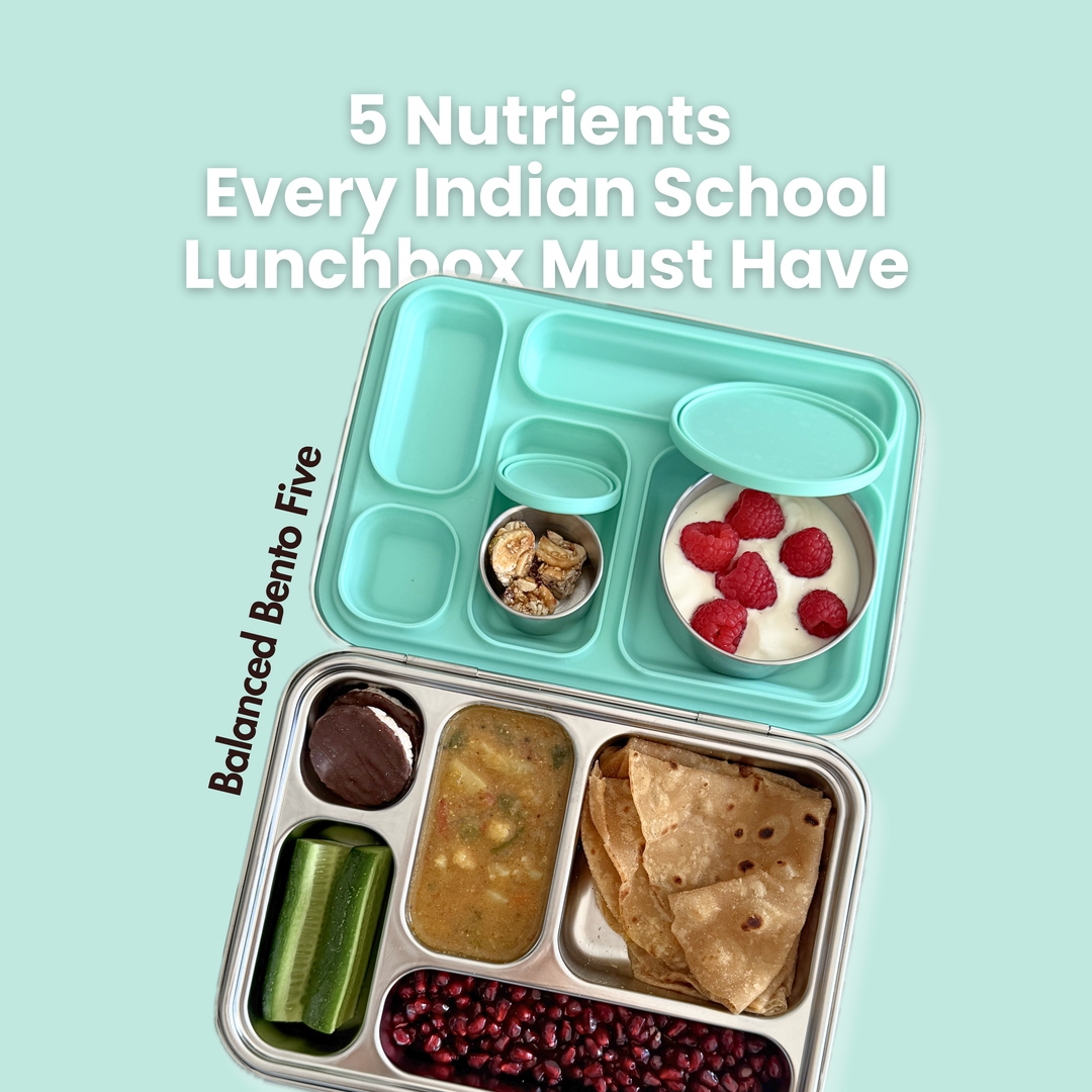 Balanced stainless steel bento lunchbox with chapati, curry, cucumber, pomegranate, walnuts, curd with berries – kids school tiffin ideas India by Baboons