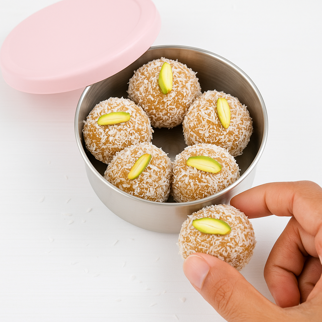 Hand picking a homemade carrot halwa ladoo from a stainless steel lunchbox – a healthy, plastic-free treat idea for kids' school tiffin from Baboons.