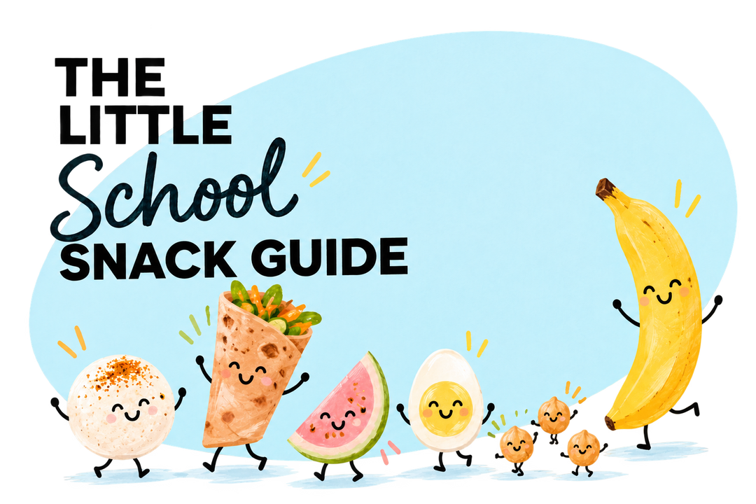 Playful illustration for The Little School Snack Guide, featuring smiling Indian school snacks including mini idli, chapati roll, watermelon, boiled egg, chickpeas and banana against a soft blue background.