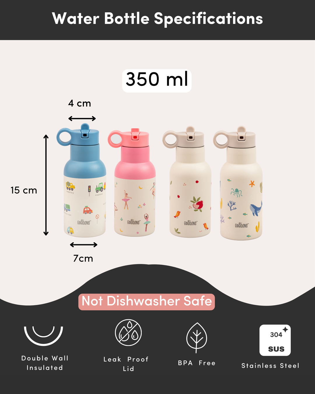 350ml Baboons Insulated Kids Water Bottle Size Specifications