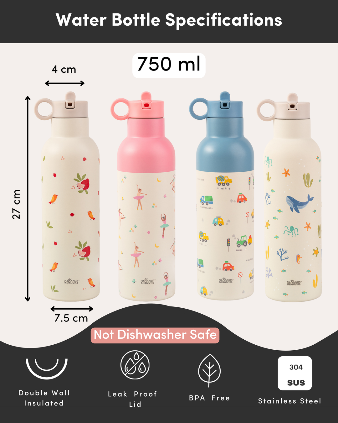 750ml Baboons Insulated Stainless Steel Water Bottle Size Specifications