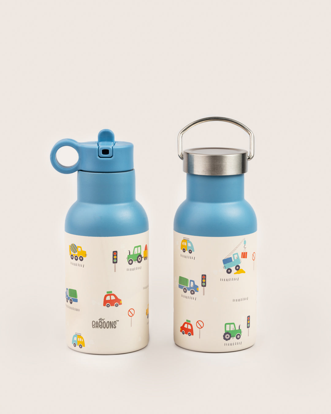 Baboons 350ml blue water bottle with cars and trucks design, sipper straw lid and stainless steel lid, ideal for kids in India