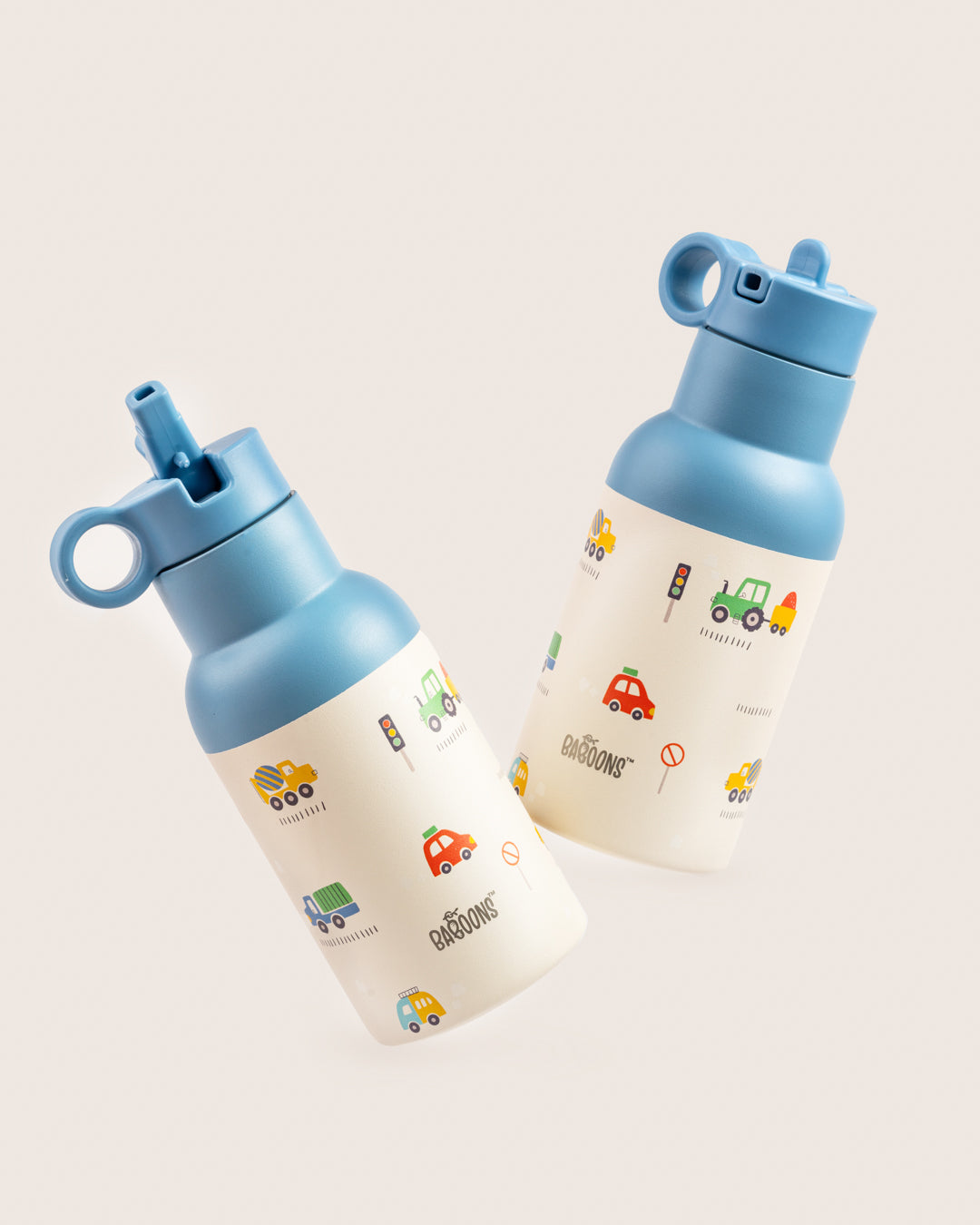 Baboons 350ml blue kids water bottle with cars and trucks design, featuring sipper straw lid, perfect for school and outdoor activities