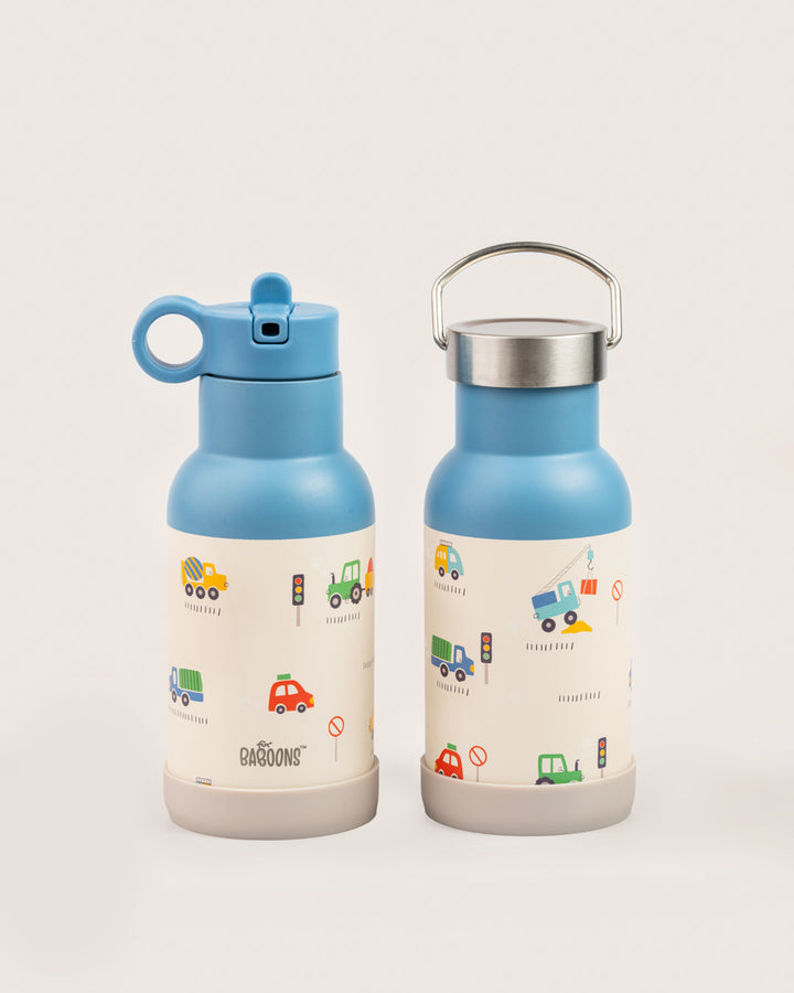Baboons 350ml blue water bottle with cars and trucks design, featuring sipper straw lid, stainless steel lid, and silicone bumper for kids in India
