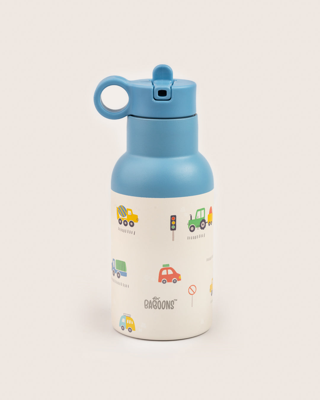 350ml blue vehicles theme kids water bottle with sipper straw lid by Baboons, ideal for school and outdoor activities in India