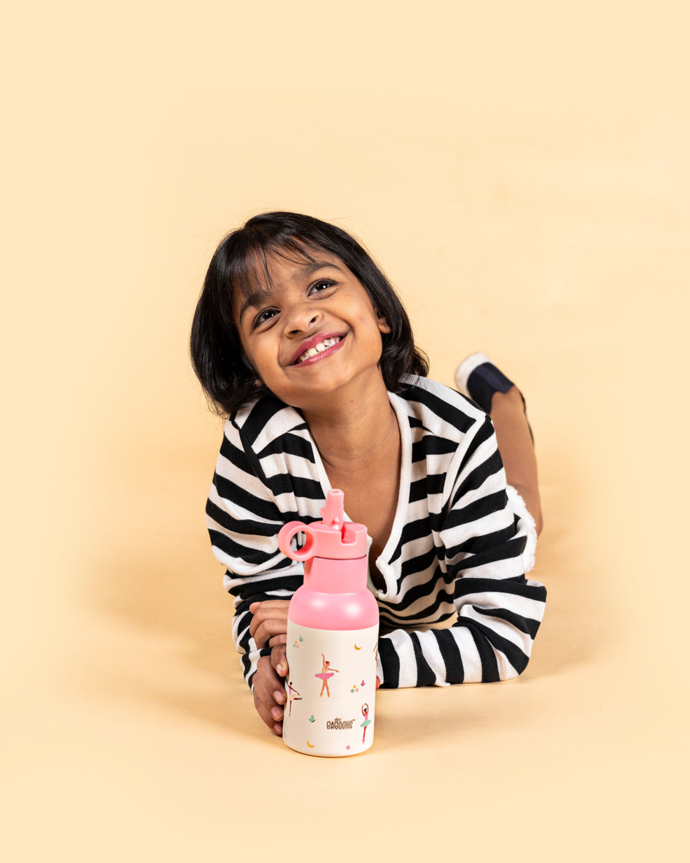 Happy Girl With Baboons 350ml Pink Water Bottle - perfect for school, leakproof and durable, available in India.