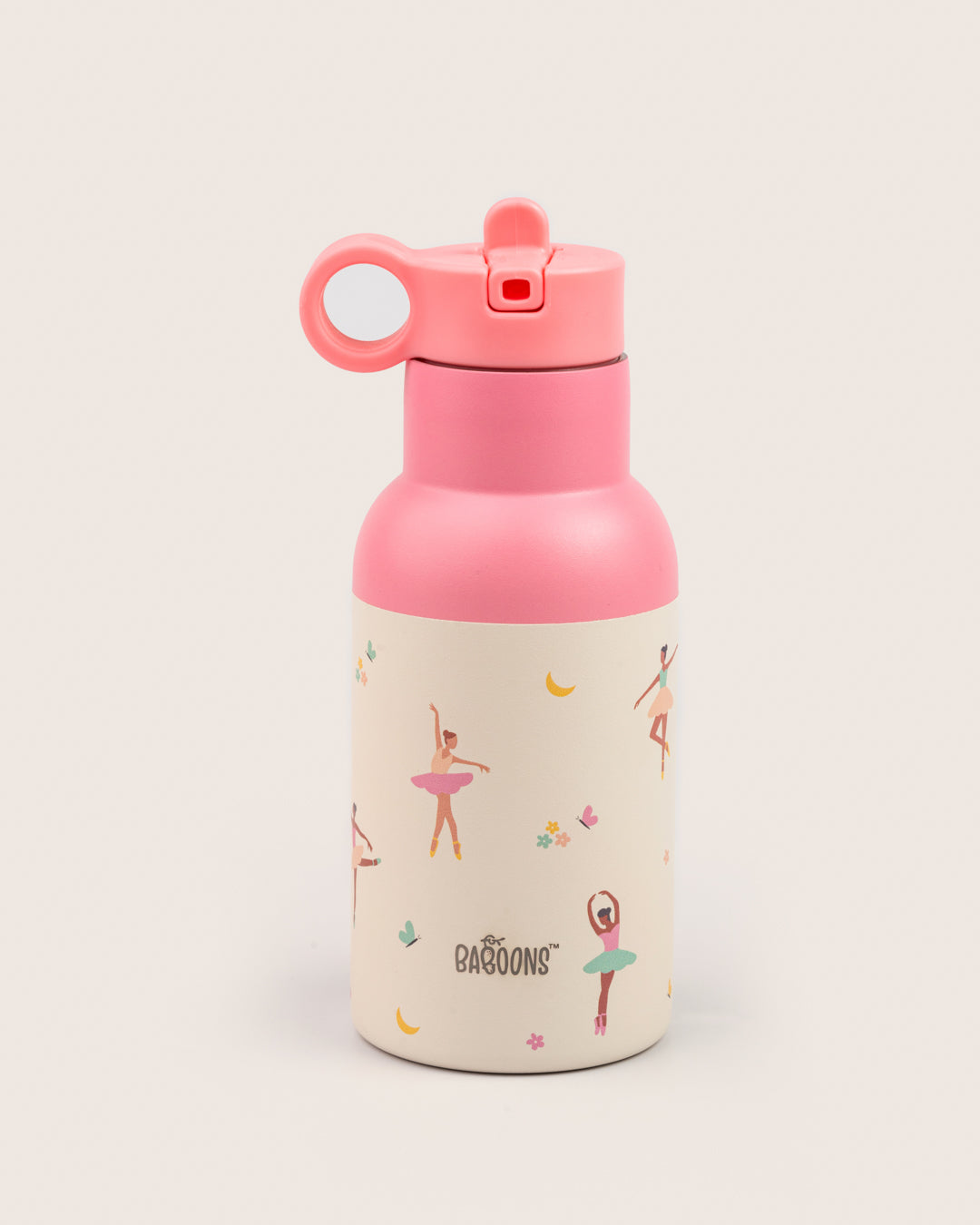 Pink ballerina stainless steel insulated water bottle with sipper straw lid for kids, perfect for school, leakproof and durable, available in India.