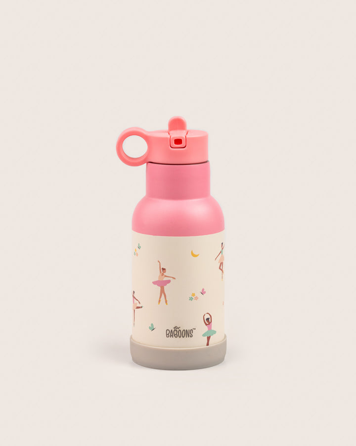 Baboons 350ml pink ballerina water bottle with straw lid and silicone bumper, ideal for Indian kids' school and outdoor use