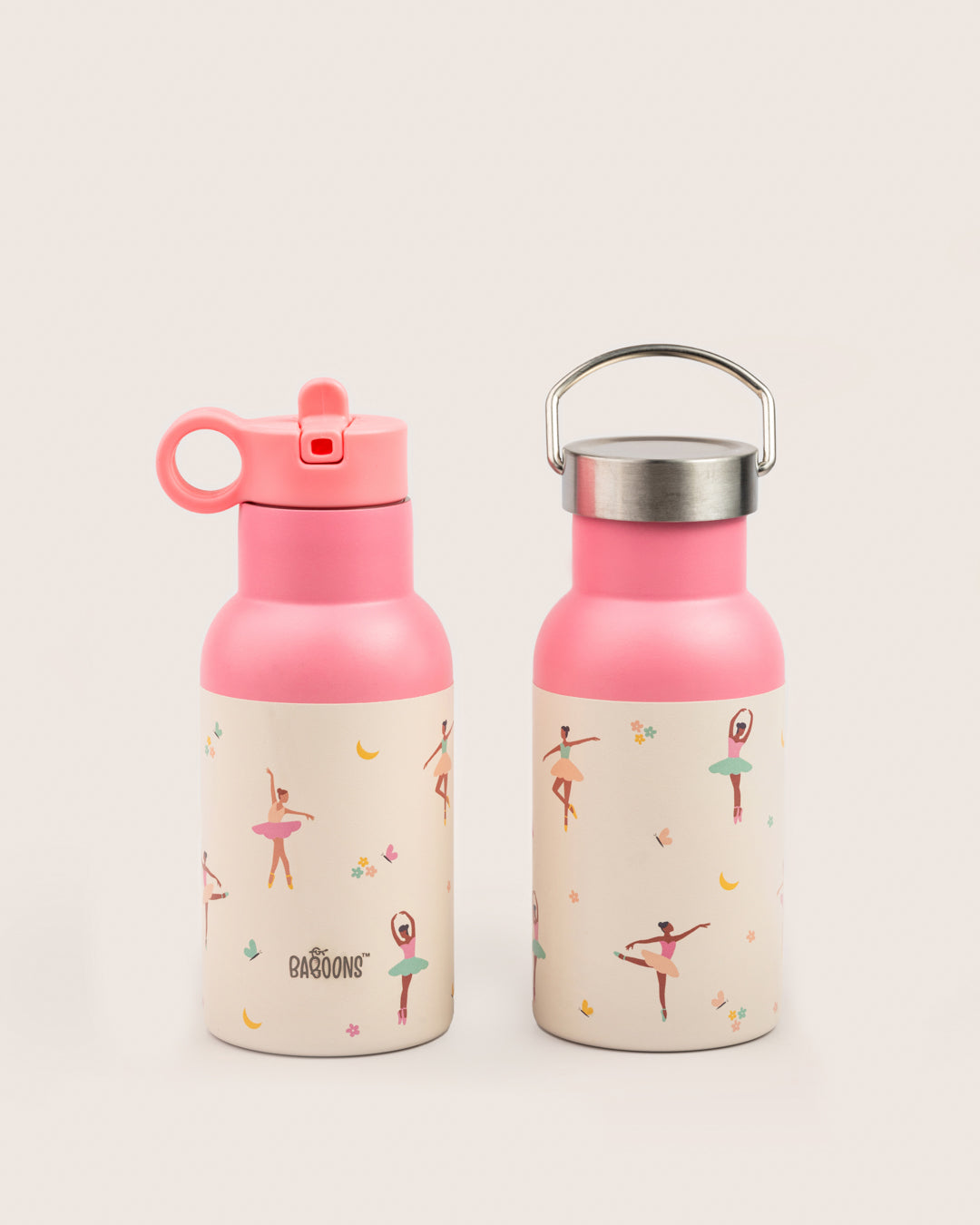 350ml pink water bottle with sipper straw lid and stainless steel lid, ideal for school kids, featuring ballet dancer design, BPA-free and leakproof - perfect for Indian parents looking for safe and stylish kids' water bottles.