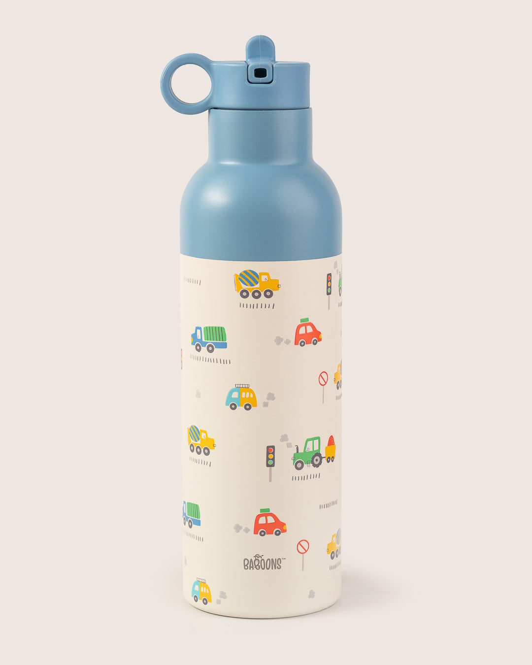 750ml blue vehicles theme kids water bottle with sipper straw lid by Baboons, ideal for school and outdoor activities in India