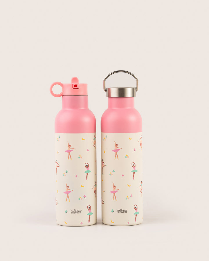 750ml pink water bottle with sipper straw lid and stainless steel lid, ideal for school kids, adults everyday use featuring ballet dancer design, BPA-free and leakproof - perfect for Indian parents looking for safe and stylish kids' water bottles.
