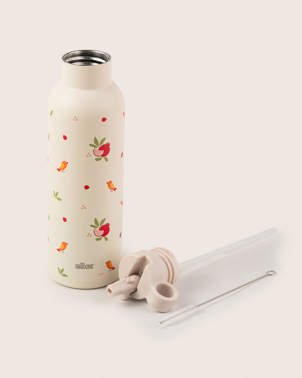750ml Stainless Steel Insulated Water Bottle with Pomegranate Design, Sipper Straw Lid and Cleaning Brush for Kids in India