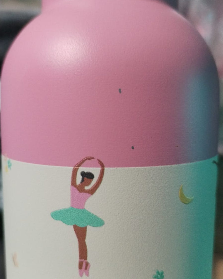 Pink bottle with a ballerina illustration on a white background water bottle kids school