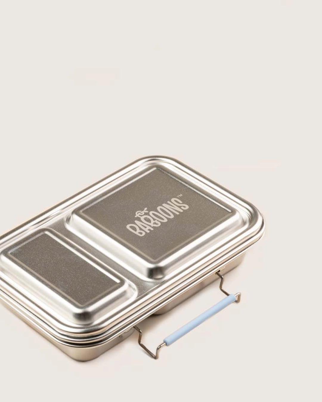 Closed Baboons Bento Two leakproof stainless steel lunchbox with engraved Baboons logo and Frost Blue handle.