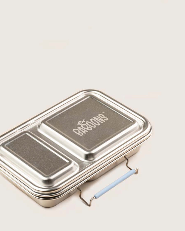Closed Baboons Bento Two leakproof stainless steel lunchbox with engraved Baboons logo and Frost Blue handle.