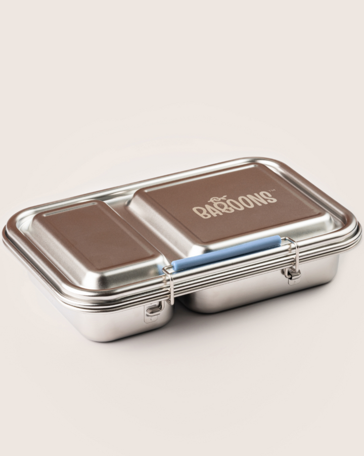 Closed Baboons Bento Two leakproof stainless steel lunchbox with engraved Baboons logo and Frost Blue handle.