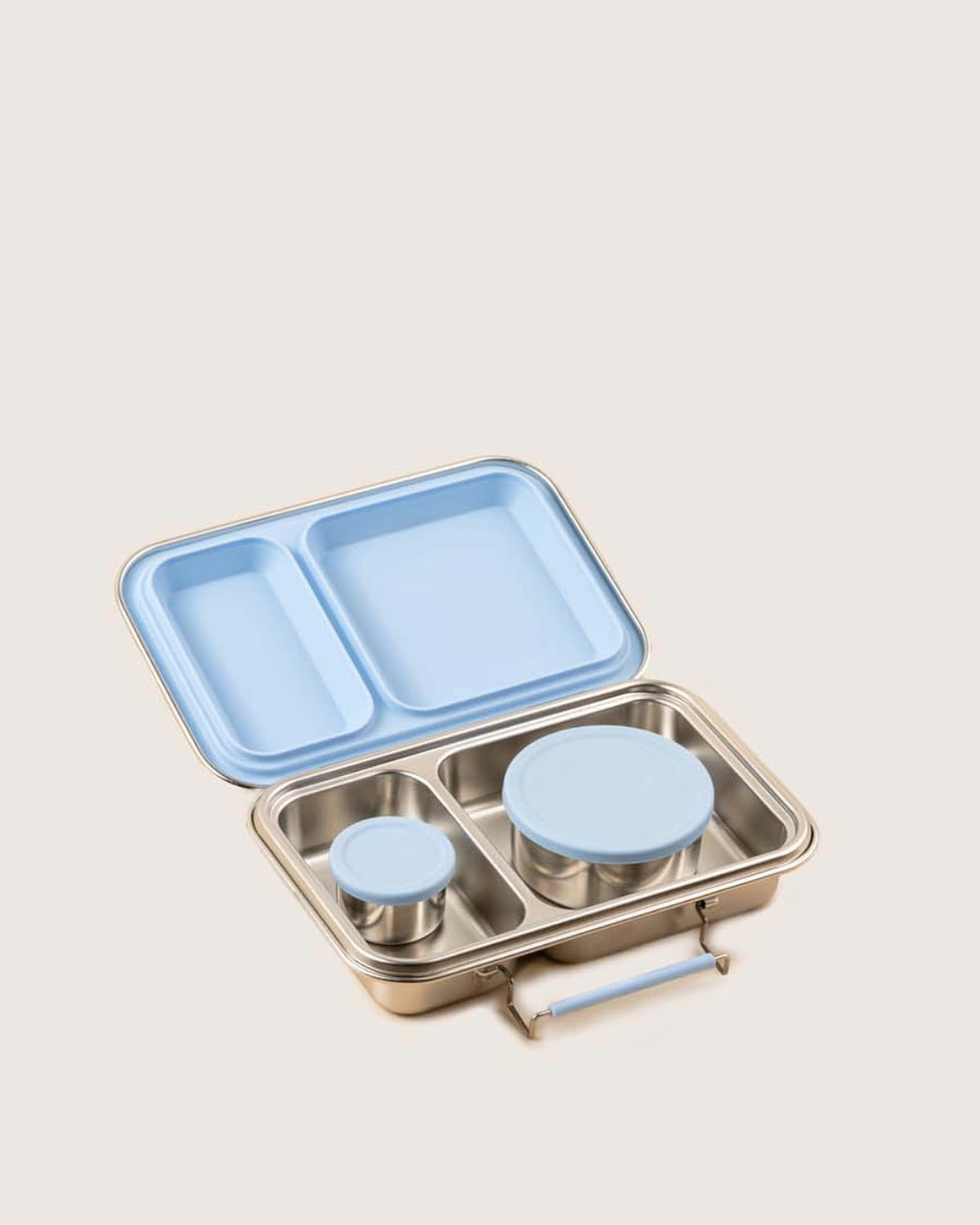 Baboons Bento Two leakproof stainless steel lunchbox in Frost Blue with matching snack boxes inside.