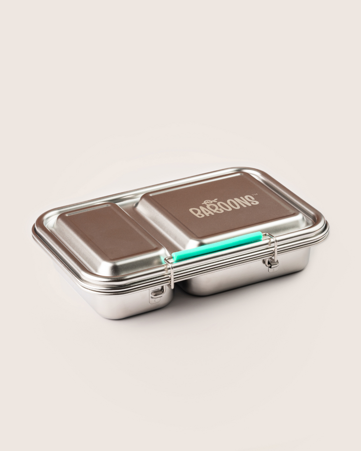 Closed Baboons Bento Two Lagoon Mint leakproof stainless steel lunchbox with engraved Baboons logo and mint handle.