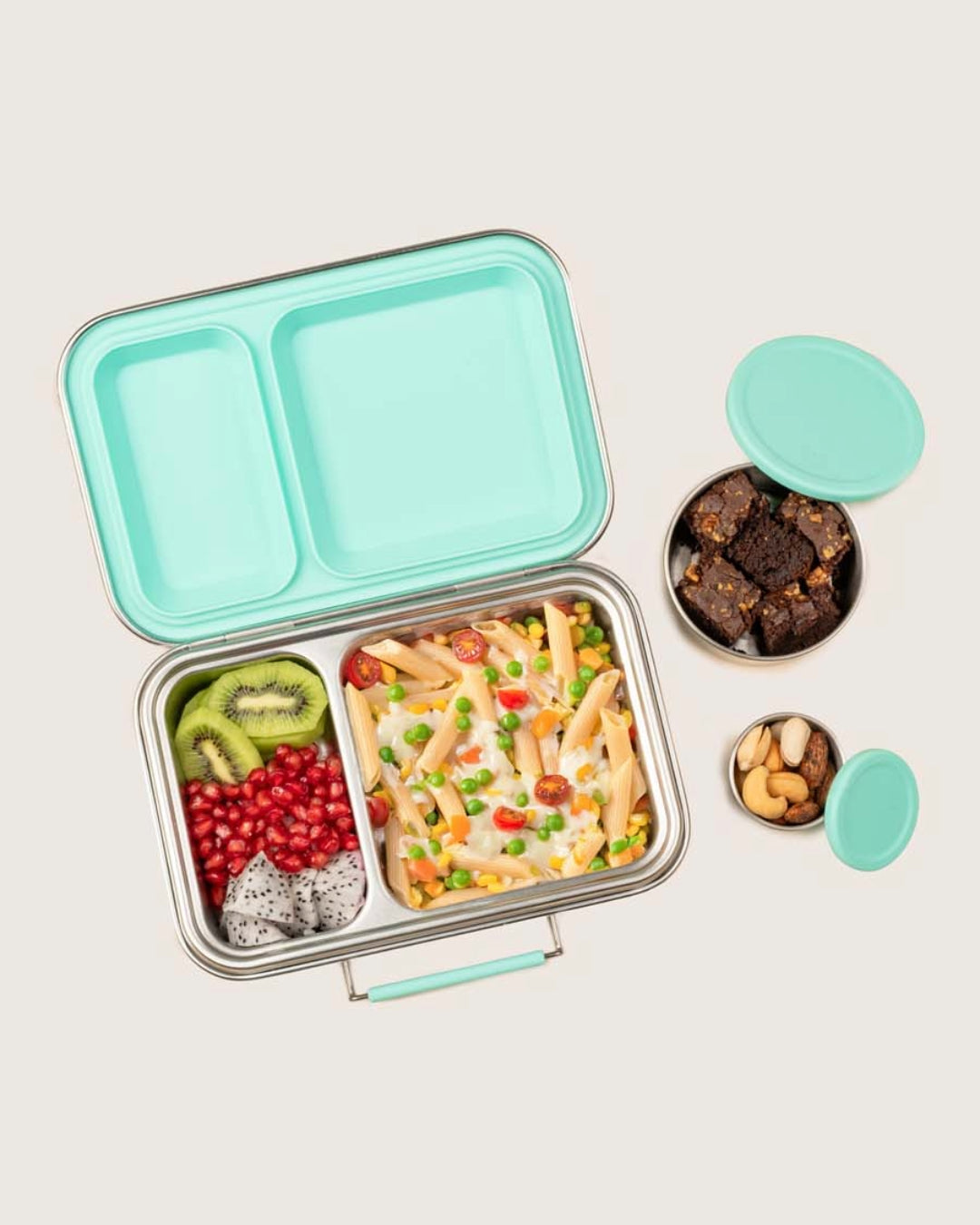 Baboons Bento Two Lagoon Mint leakproof stainless steel lunchbox open with pasta, fruit, and matching snack boxes.