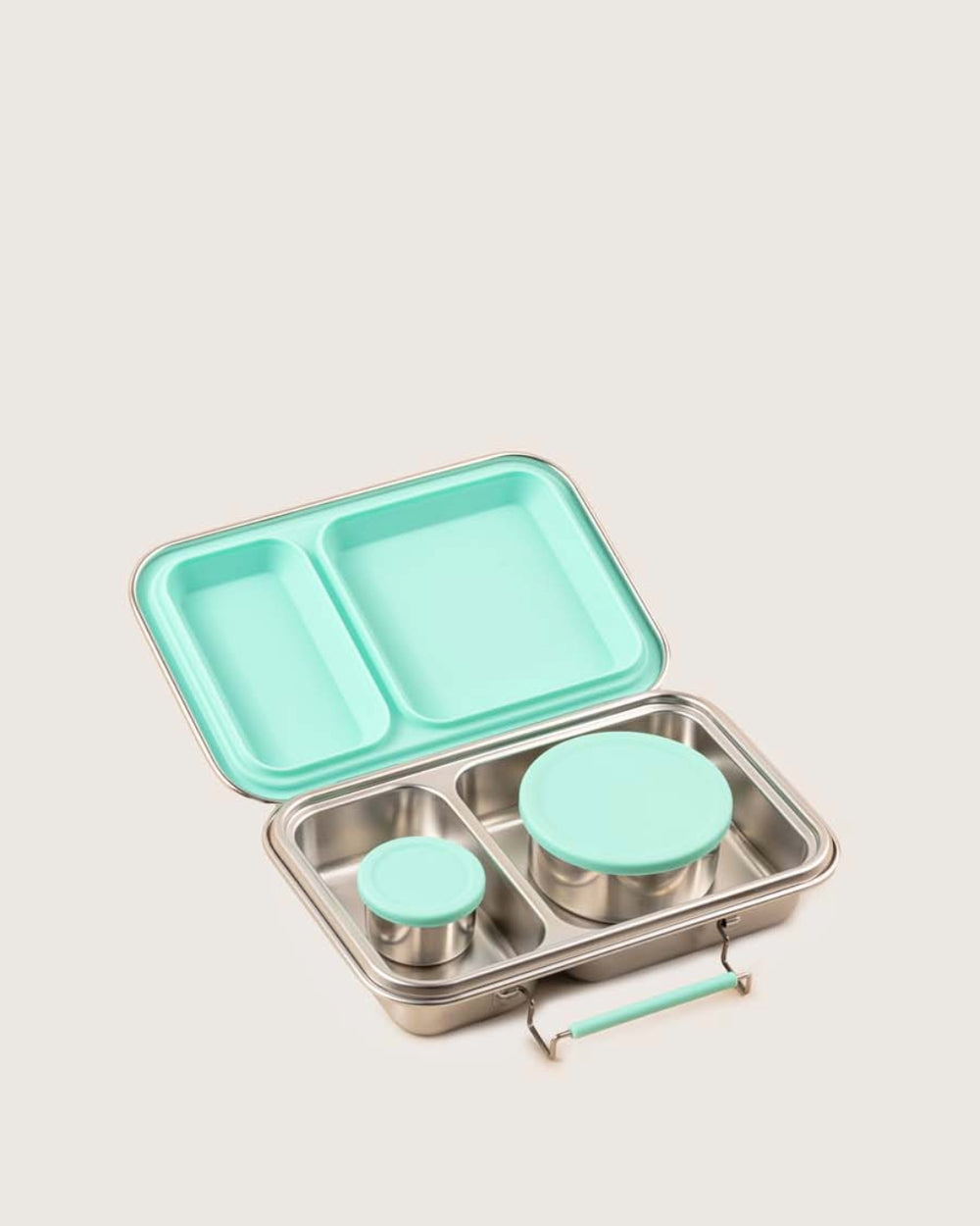Baboons Bento Two Lagoon Mint leakproof stainless steel lunchbox with two compartments and matching snack boxes inside