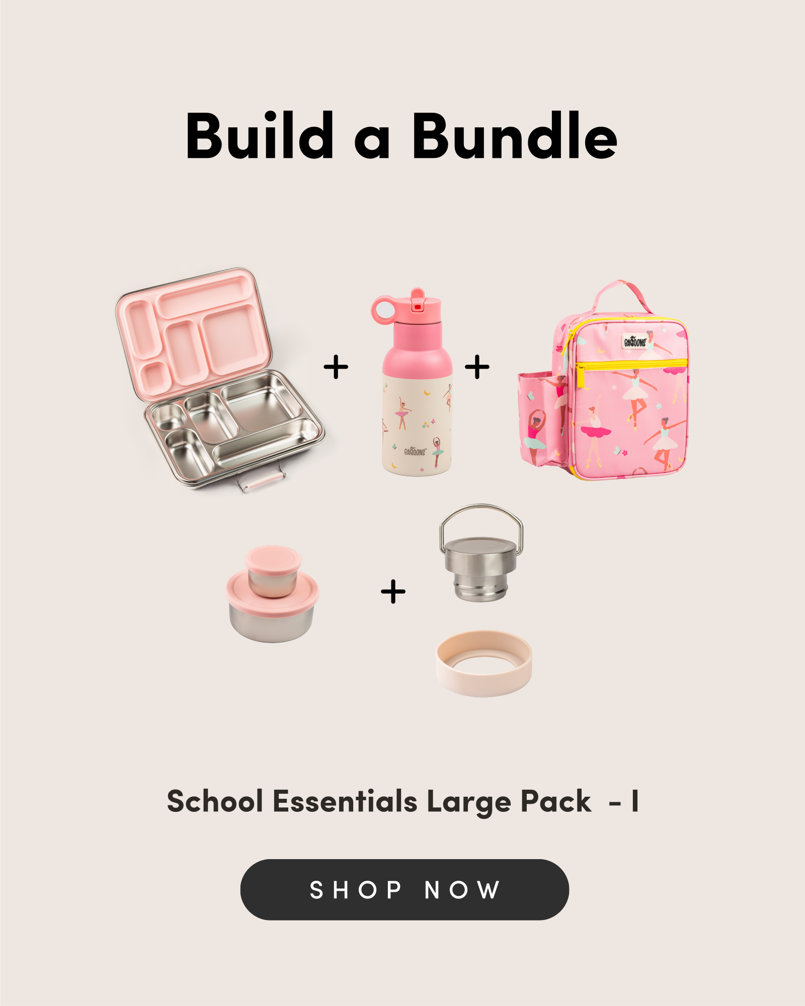 Build a bundle of school essentials with Baboons' large pack, including a stainless steel lunchbox, water bottle, snack containers, and lunch bag. Save up to 10% on custom combos. Ideal for modern parents in India seeking stylish, functional, and durable products