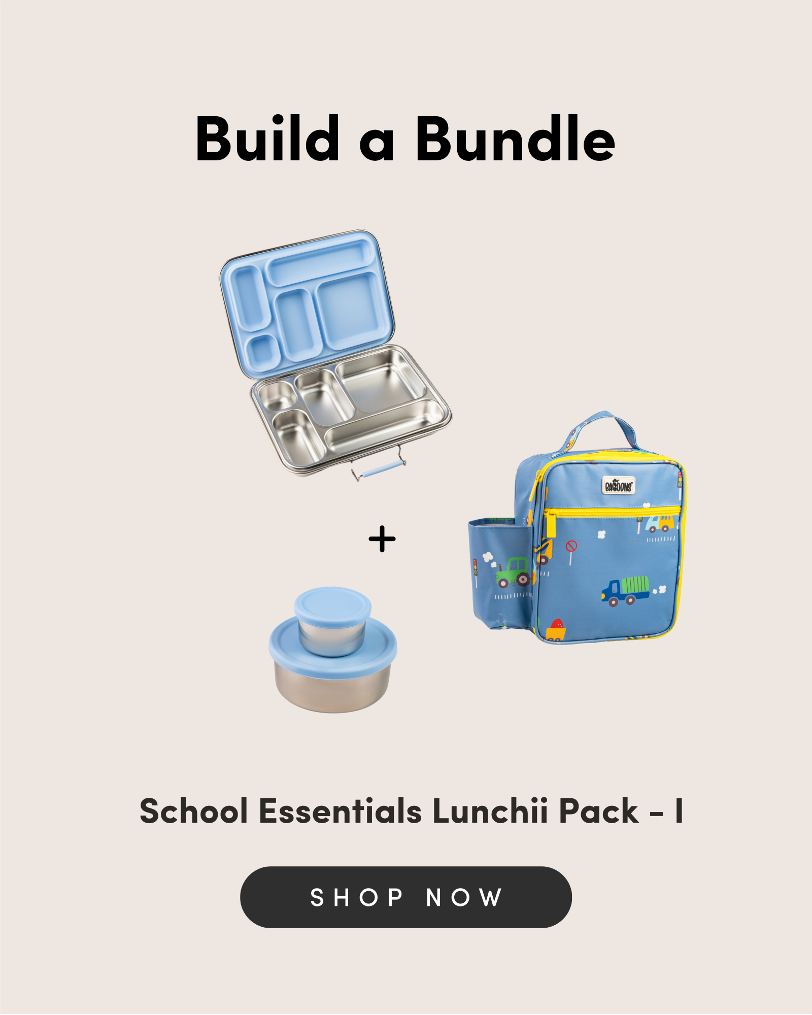 Baboons school essentials lunchii pack I featuring a blue bento lunchbox, a blue-themed insulated lunch bag, and matching snack containers, ideal for Indian parents seeking practical and stylish lunch solutions for their children