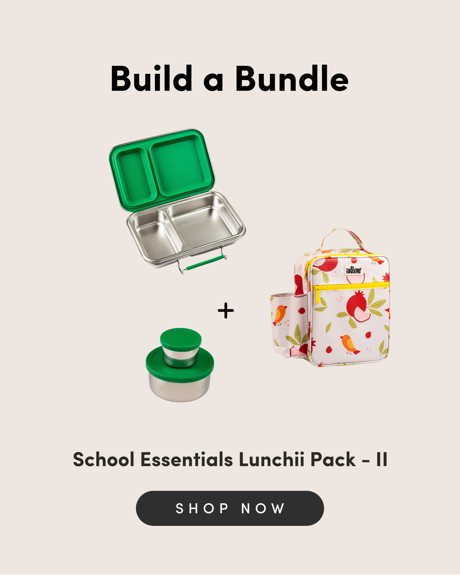 Baboons school essentials lunchii pack II featuring a green bento lunchbox, a colorful pomegranate-themed insulated lunch bag, and matching green snack containers, perfect for Indian parents looking for stylish and practical lunch solutions for their children