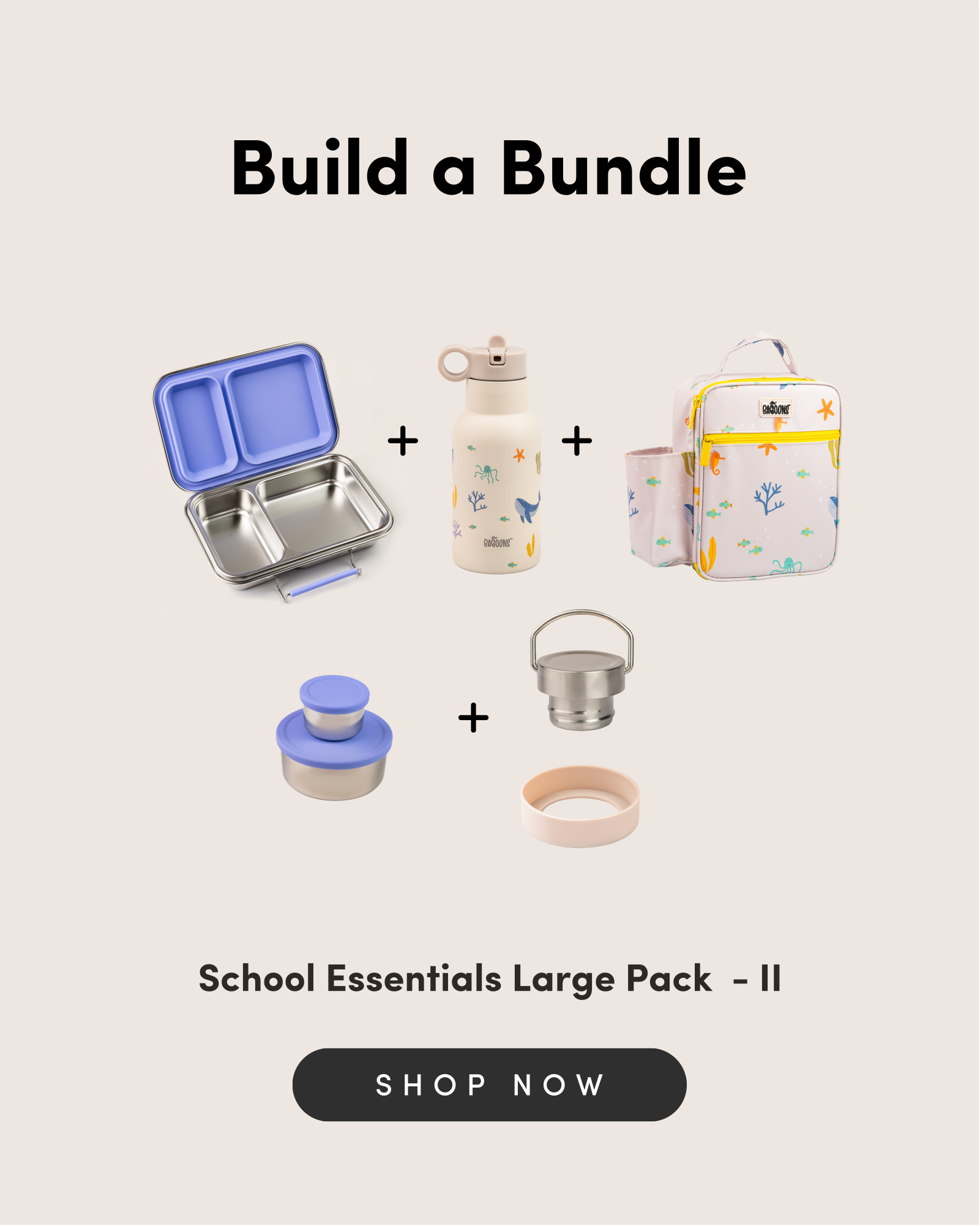 Custom school essentials bundle II: kids bento lunchbox, water bottle, snack pots, and lunch bag for health-conscious parents in India