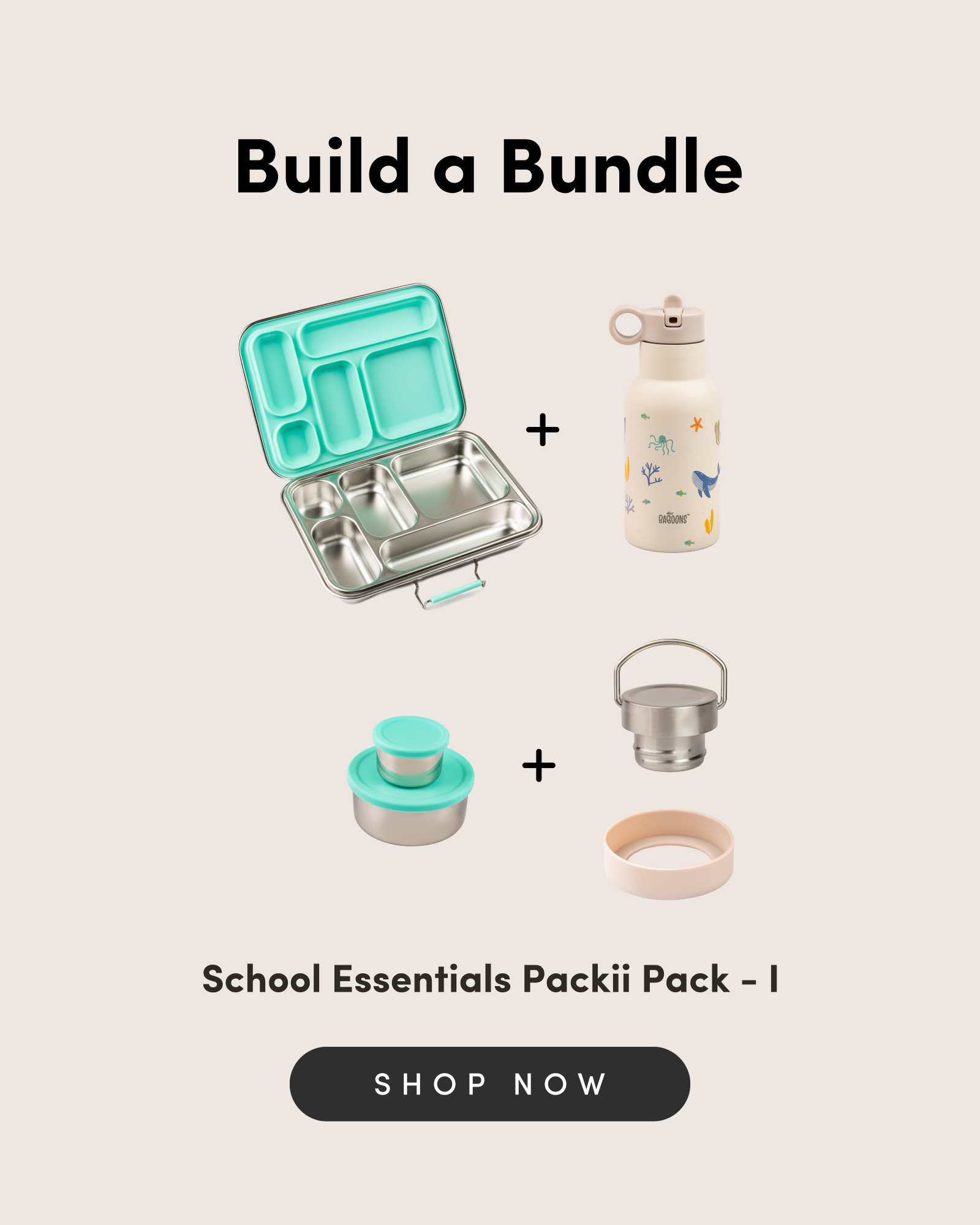 Build a custom school essentials pack with bento lunchbox, water bottle, snack pots, and stainless steel lid for modern parents and todays kids in India.