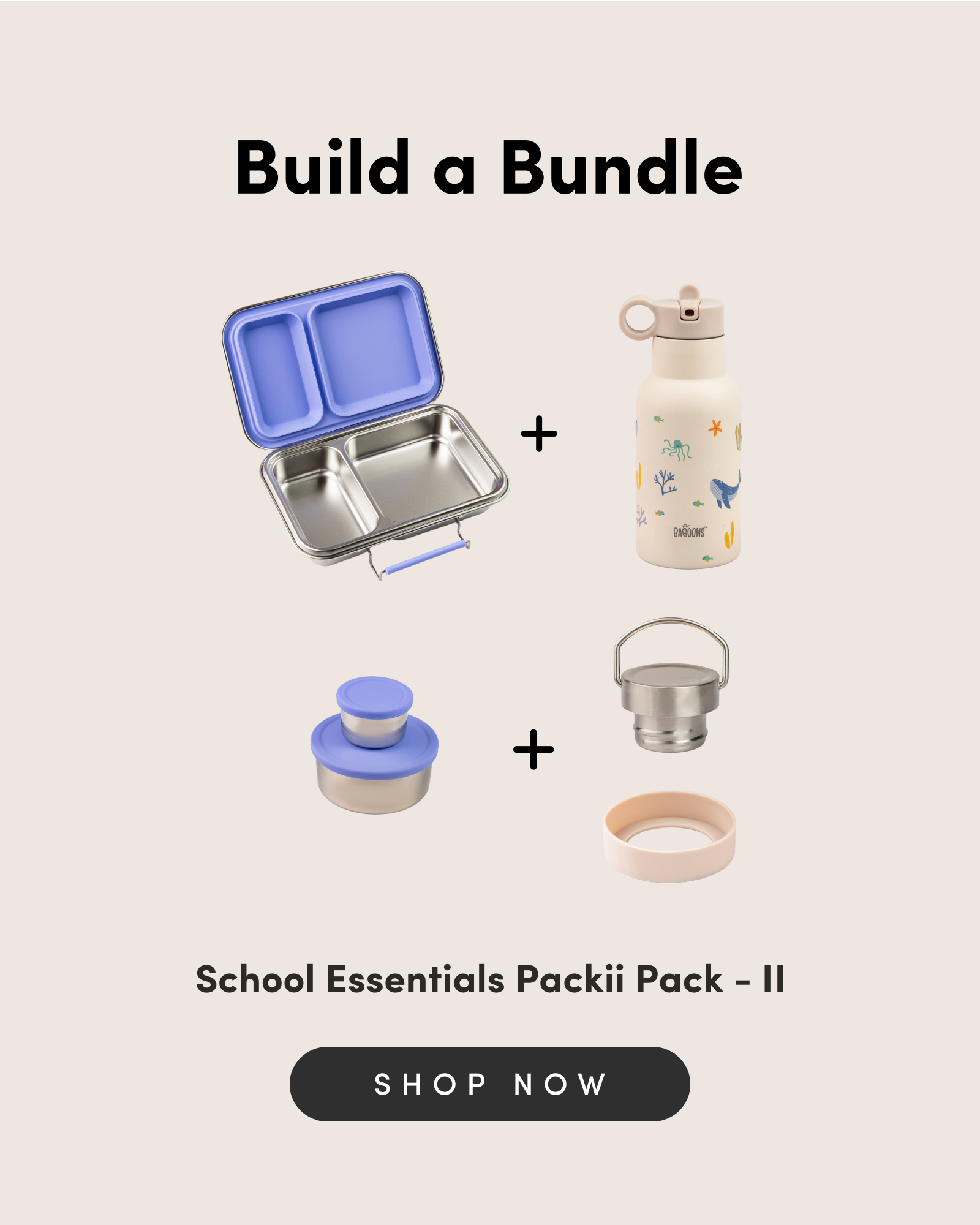 Customizable school essentials bundle featuring a bento lunchbox, insulated water bottle, snack containers, and stainless steel lid for parents and kids in India