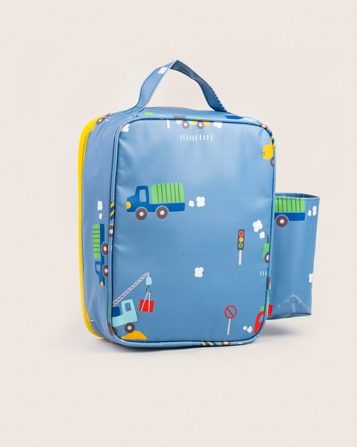 Back view of Baboons insulated kids lunch bag - blue, durable, water-resistant, perfect for bento boxes and snacks, with YKK zippers and fun prints, available in India