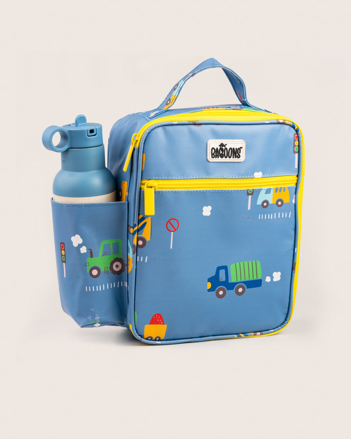 Baboons insulated kids lunch bag that fits water bottle - blue car truck vehicle theme, durable, water-resistant, perfect for bento boxes and snacks, with YKK zippers, mesh pockets, and aluminium insulation, available in India