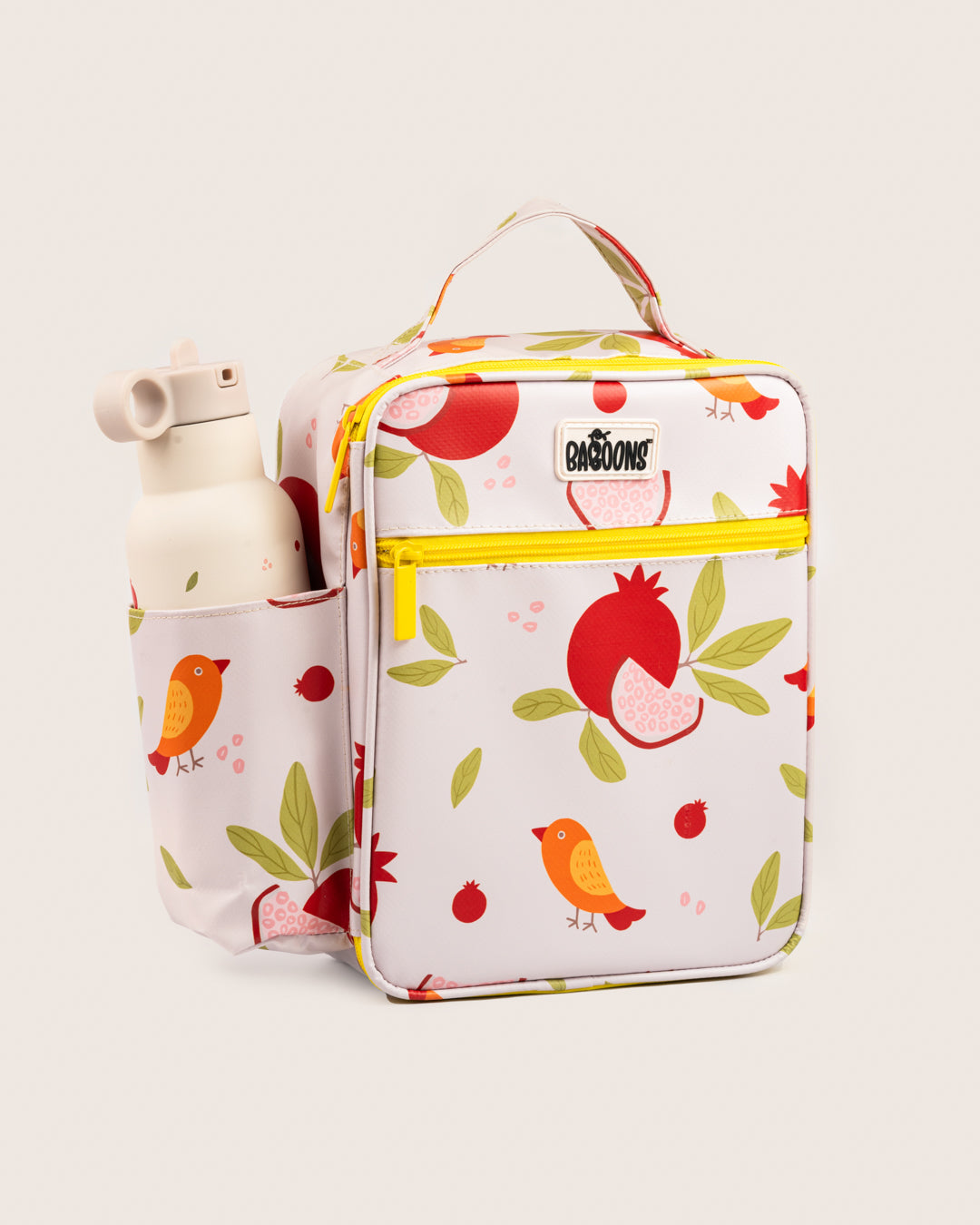 Baboons insulated kids lunch bag pairs up with matching water bottle - pomegranate design, durable, water-resistant, perfect for bento boxes and snacks, available in India