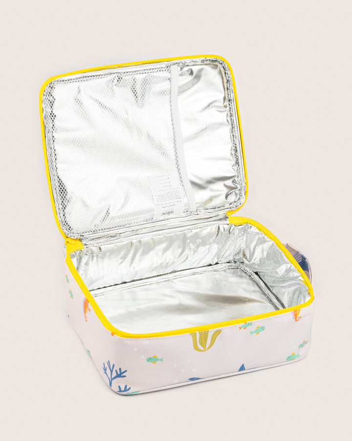 Interior view of Baboons insulated kids lunch bag - underwater design, with aluminium insulation, water-resistant, perfect for bento boxes and snacks, available in India