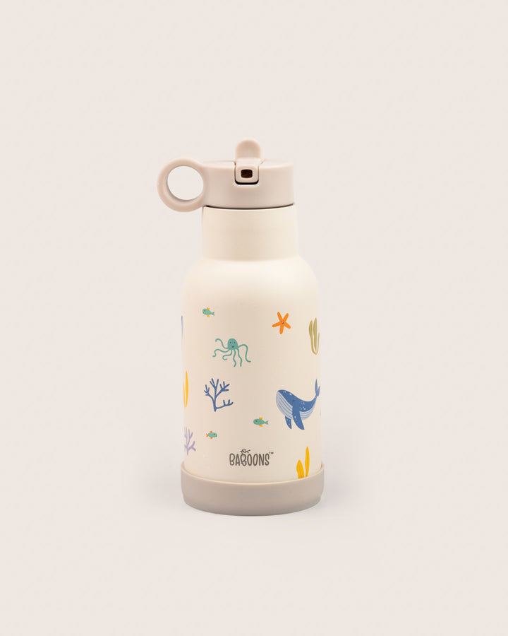 350ml kids' stainless steel water bottle with ocean theme, featuring a silicone bumper and sipper straw lid, perfect for school and outdoor activities in India.