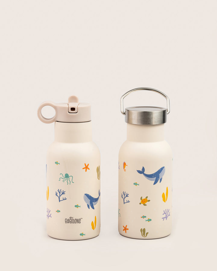 350ml ocean-themed stainless steel water bottle with handle and straw sipper lid, designed for kids, perfect for school and outdoor activities in India.