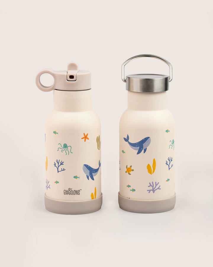 350ml ocean-themed stainless steel water bottle with silicone bumper and dual lids, perfect for kids' school and outdoor activities in India.