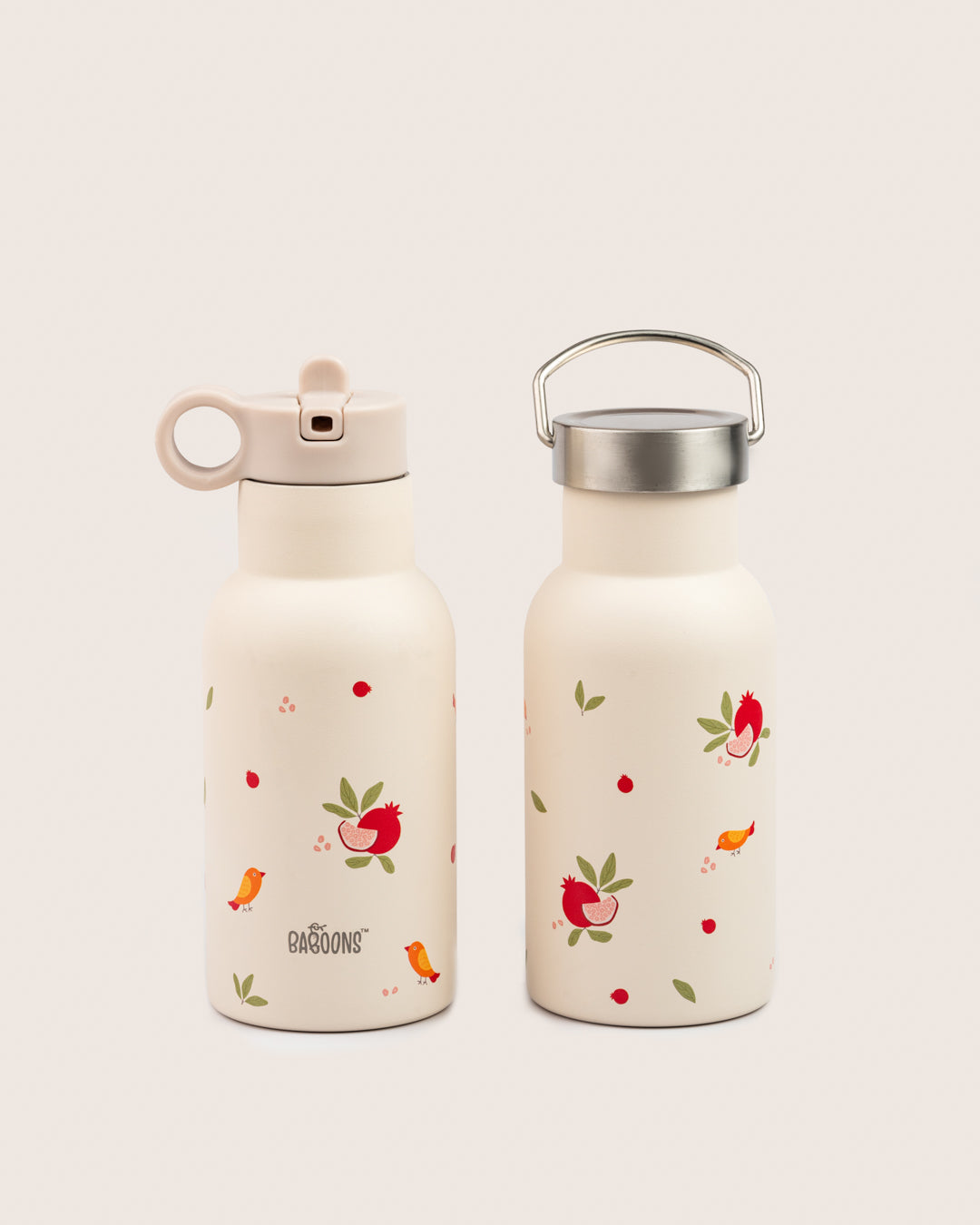 350ml Stainless Steel Insulated Water Bottle with Pomegranate Design and Sipper Straw and Steel Lid for Kids in India