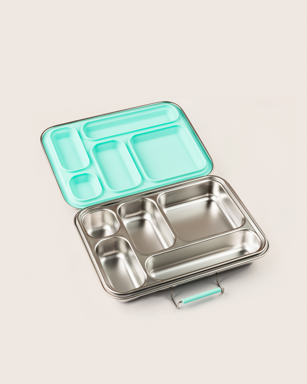 Top view of an aqua leakproof stainless-steel lunchbox with five compartments for packing a variety of foods