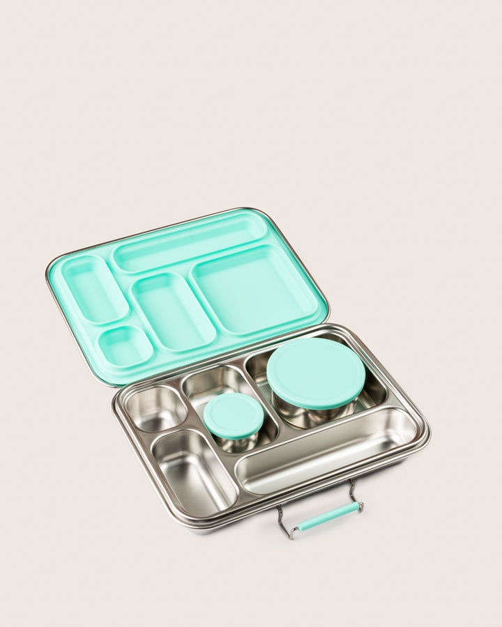 Aqua leakproof stainless-steel lunchbox with five compartments and additional round snack containers, perfect for packing a complete meal.