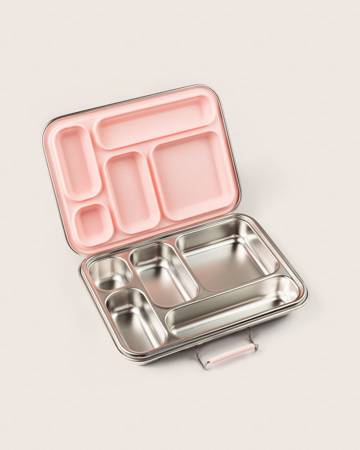 Bento Five leakproof stainless steel lunchbox with pink silicone compartments, open view