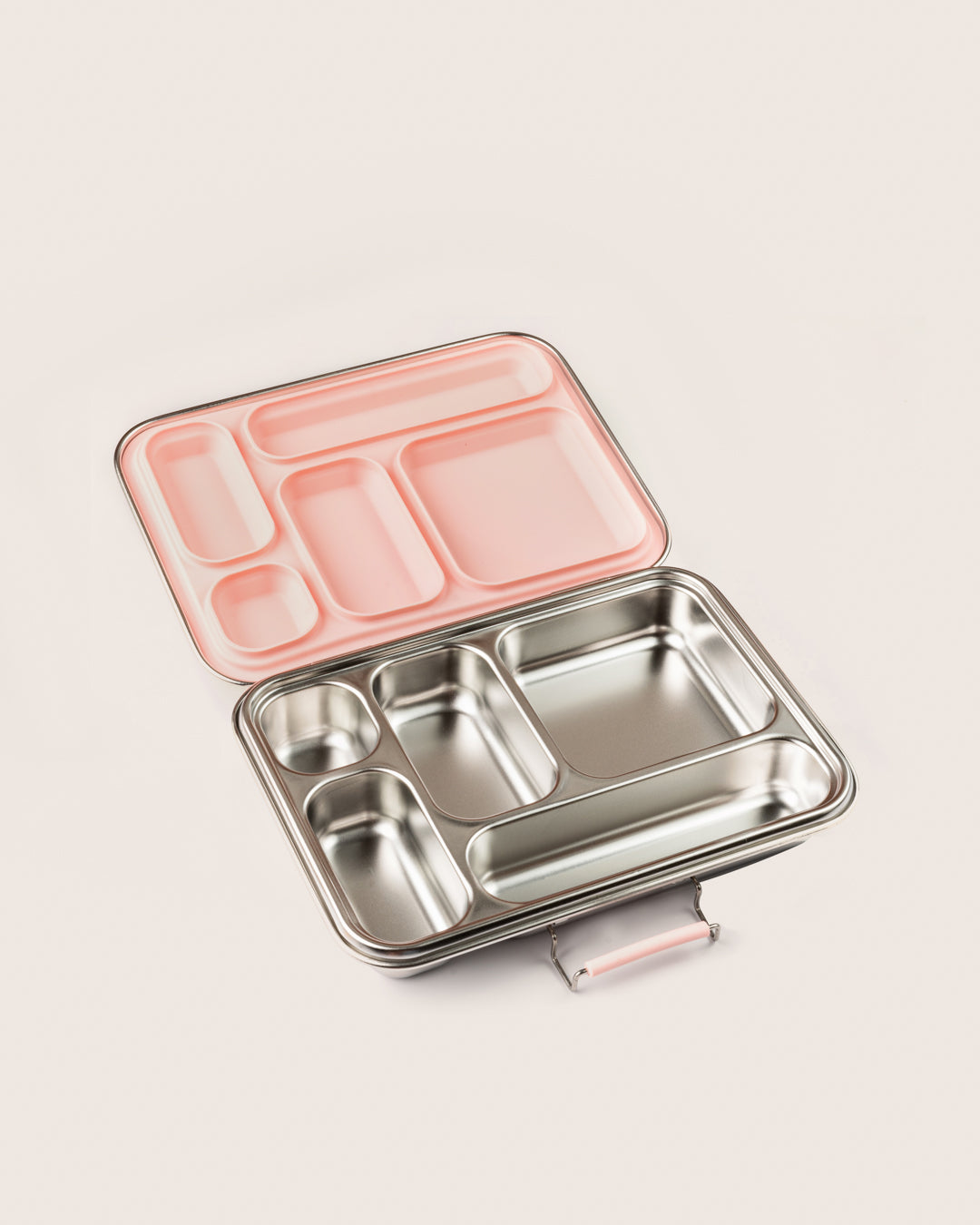 Bento Five stainless steel lunchbox with pink silicone compartments, top view