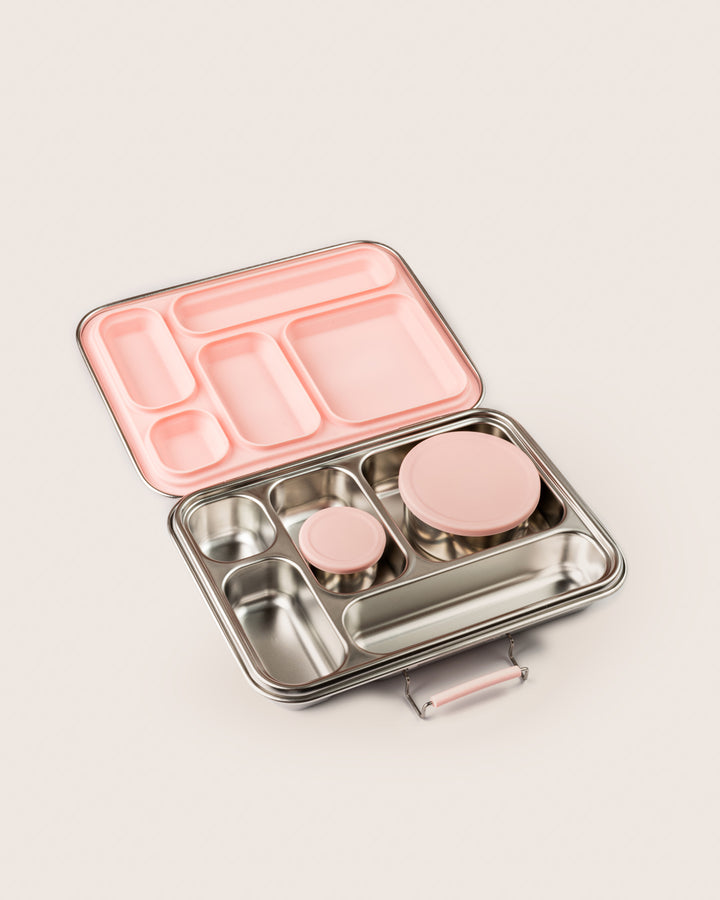 Bento Five leakproof stainless steel lunchbox with pink silicone compartments and containers