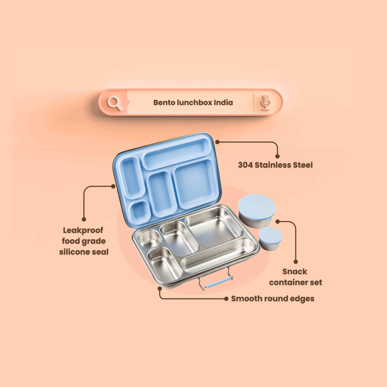 Leakproof bento lunchbox made of premium grade 304 stainless steel with food grade silicone seal, smooth round edges, and included snack container set. India's first no plastic bento lunchbox.