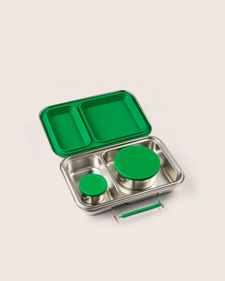 Top-rated green stainless steel lunchbox in India, featuring two compartments and additional round snack containers set, perfect for kids and adults.