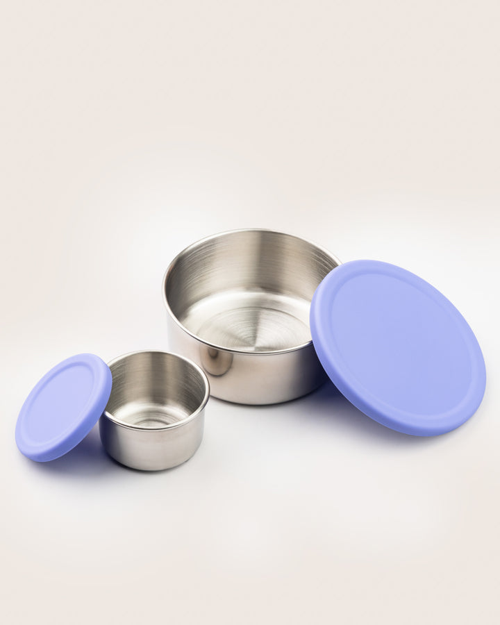 Leakproof purple snack container set with silicone lids, featuring a large and small container, ideal for carrying snacks in India