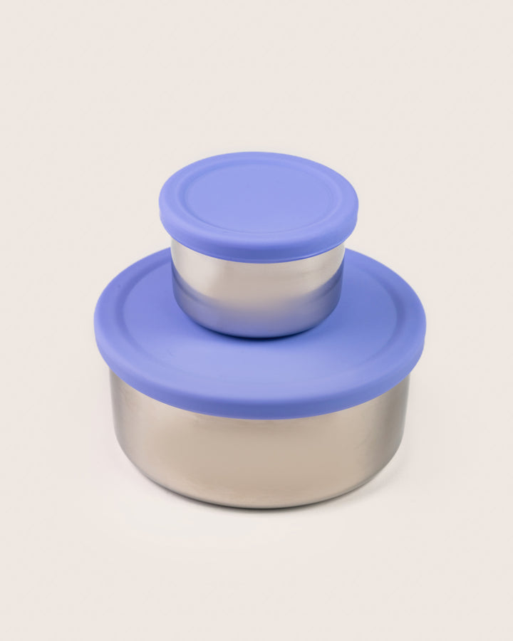 Leakproof purple snack container set with silicone lids, including a large and a small stainless steel container, perfect for carrying snacks in India