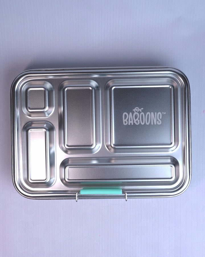 Stainless steel bento box features 5 compartments and is leak-resistant aqua colour silicone seal lid product video